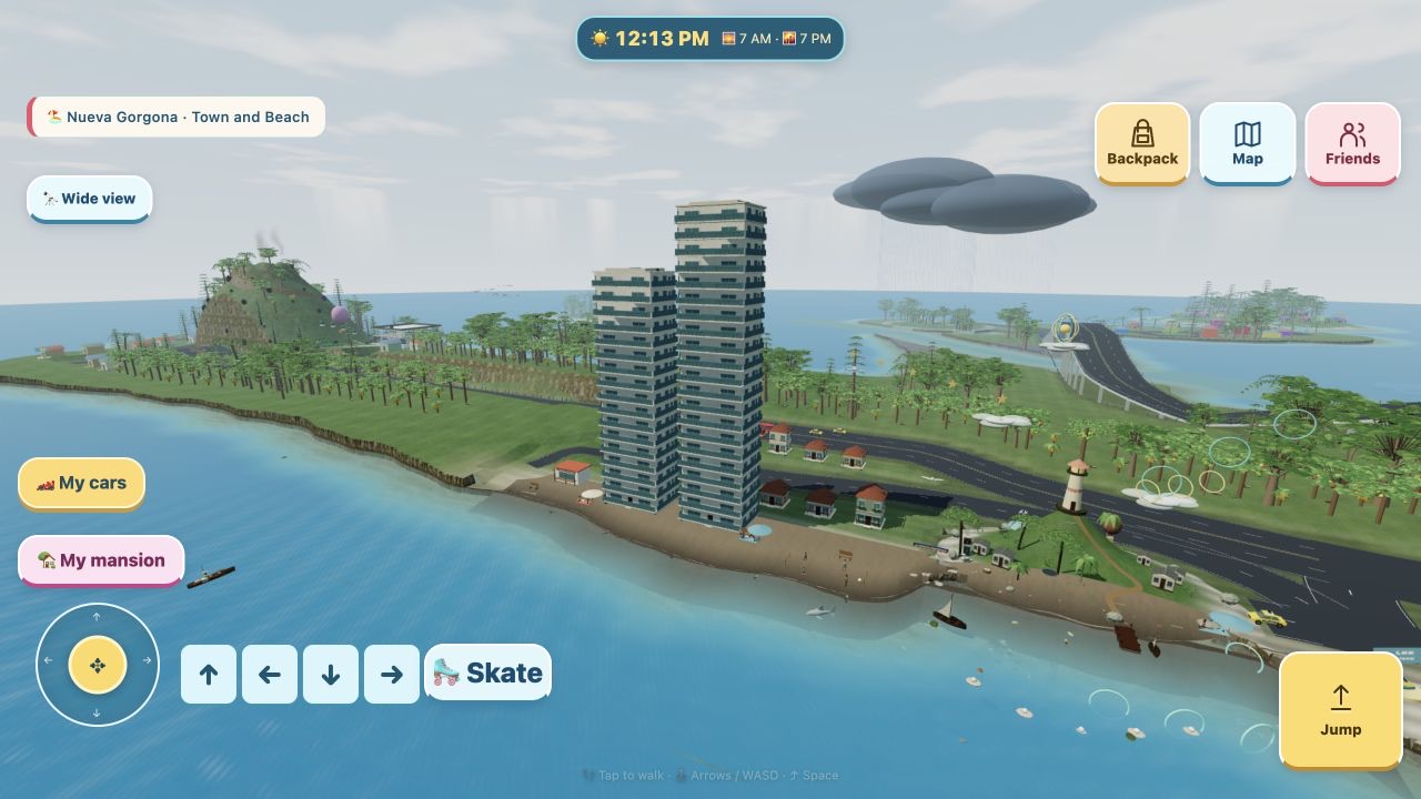Vista del juego en Nueva Gorgona: playa, edificios, caminos y controles de exploración.