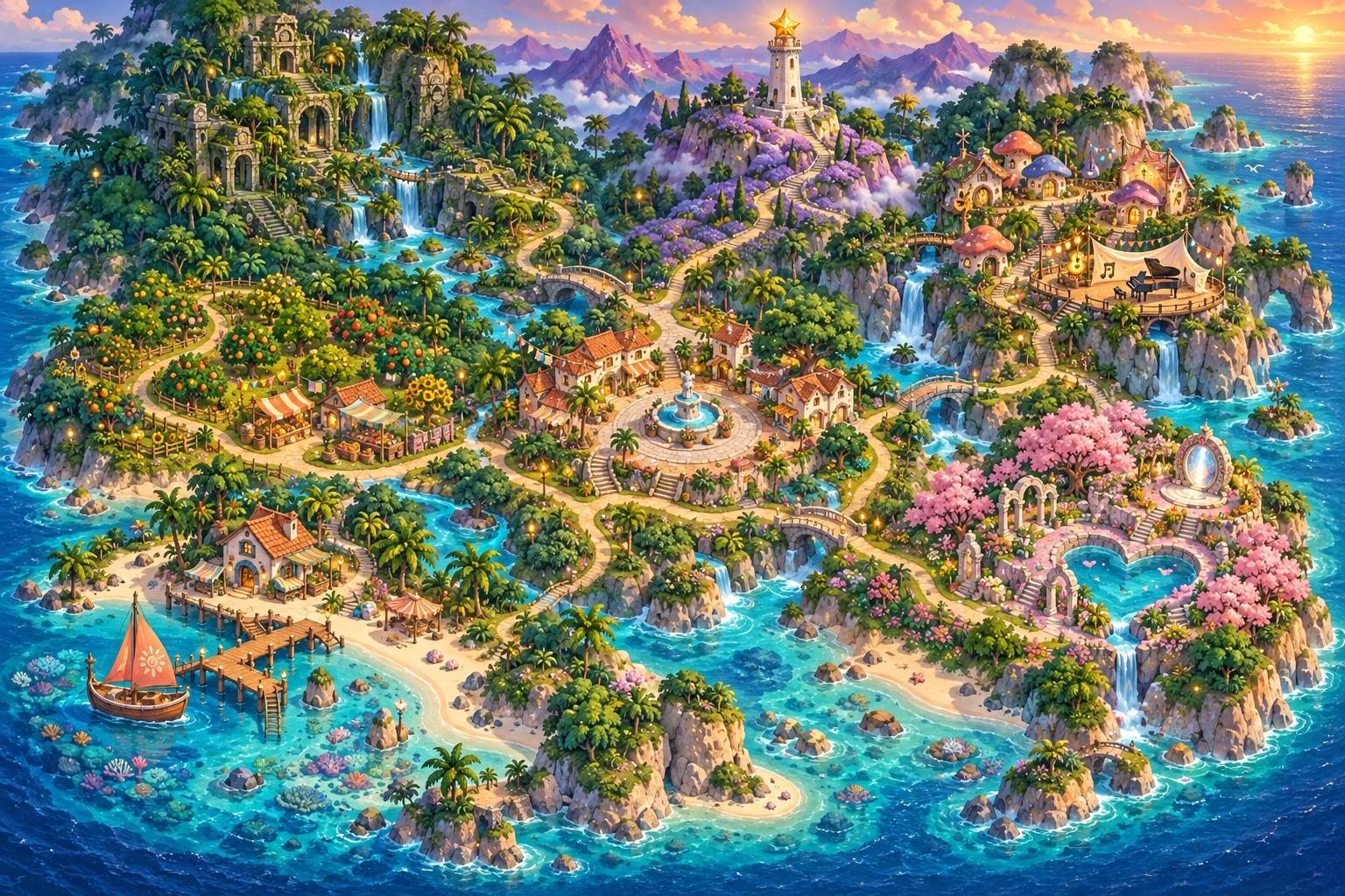 Mundo ilustrado de Panamá Aventura, con islas, cascadas y un faro